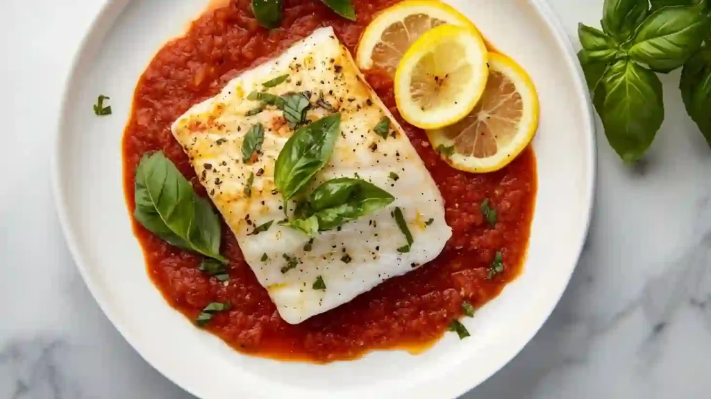 Halibut marinara sauce plated with fresh basil and lemon slices on a white plate, vibrant and inviting