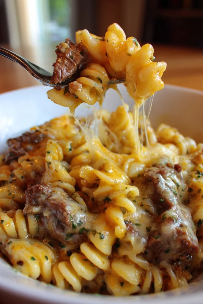 Crockpot Cheesy Ranch Beef Pasta