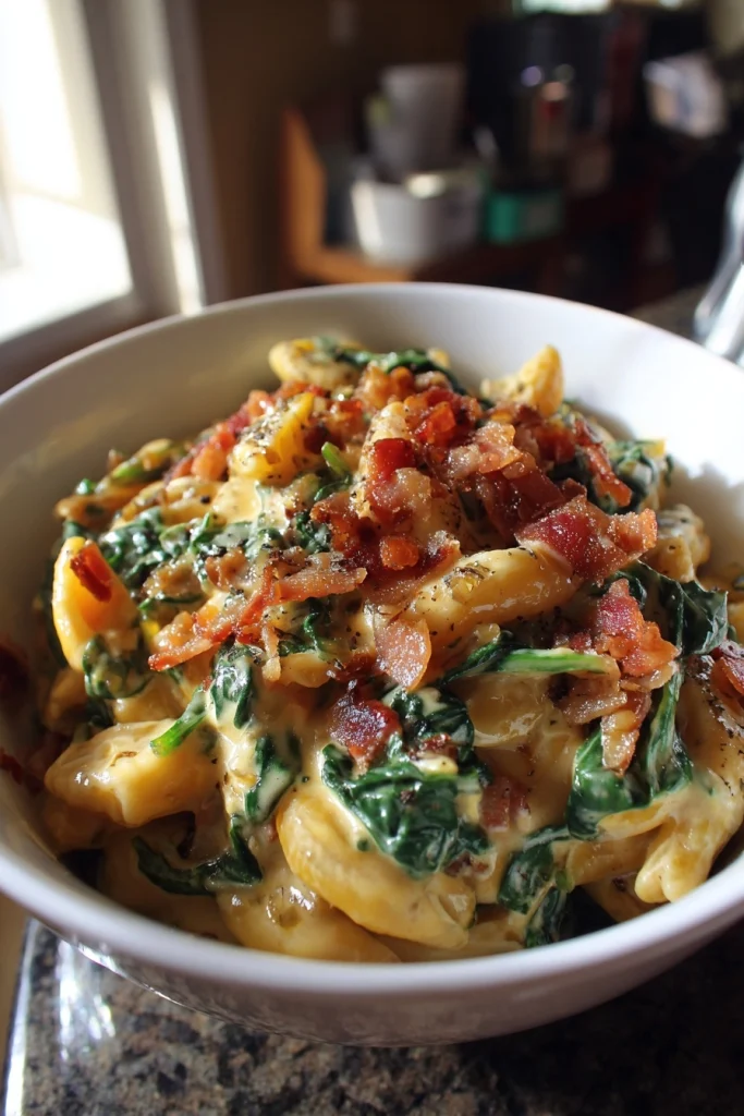 Spinach Bacon Pumpkin Mac and Cheese