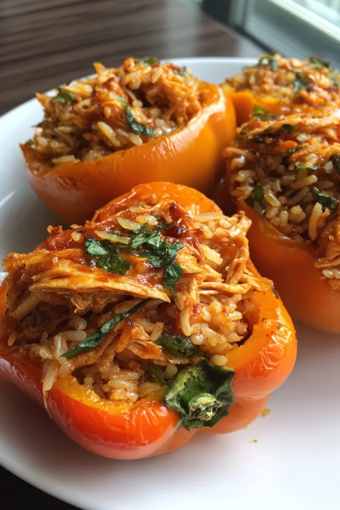 Shredded Chicken Rice Stuffed Orange Peppers