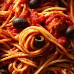 Spooky Spaghetti and Meatballs with Black Olives