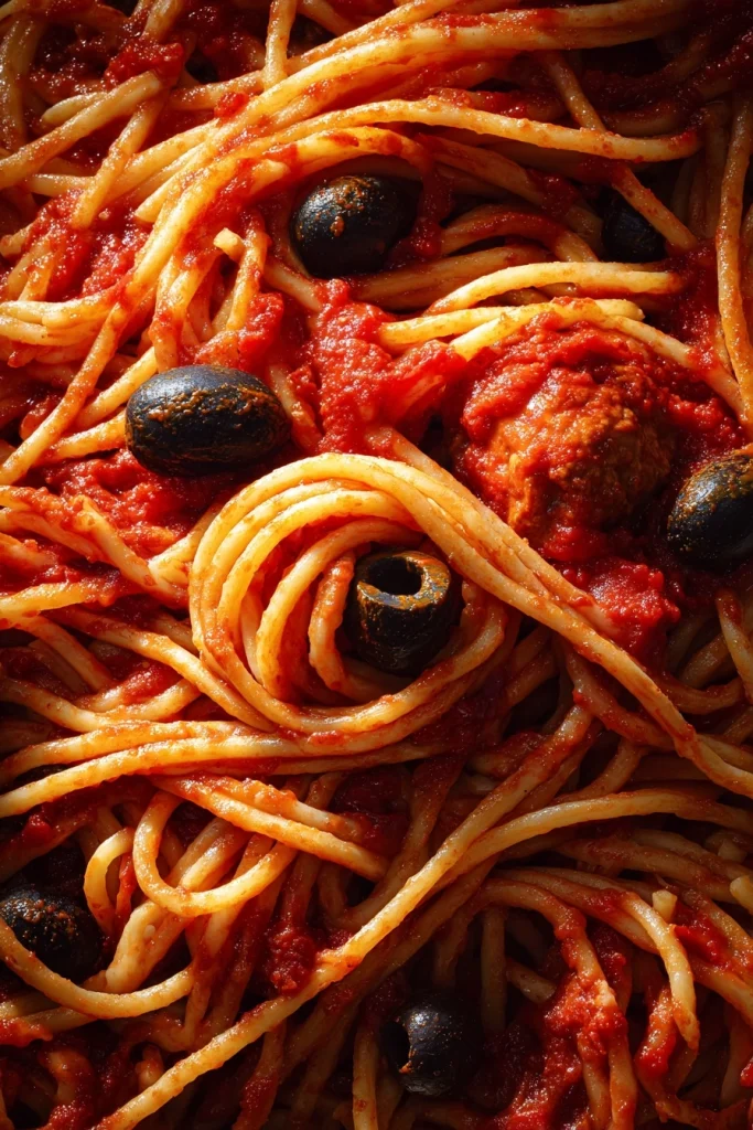 Spooky Spaghetti and Meatballs with Black Olives