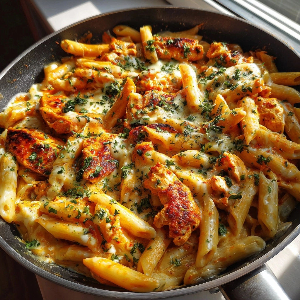 creamy bold buffalo garlic chicken pasta skillet
