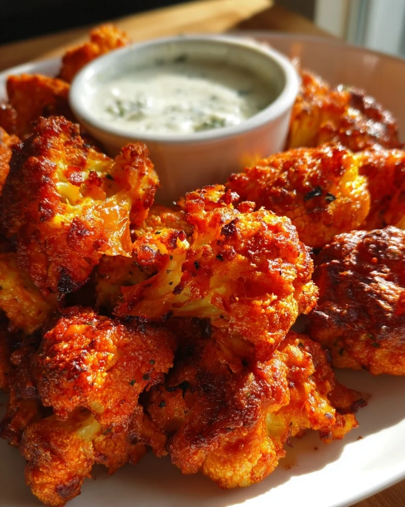 air-fryer cauliflower wings with buffalo sauce & blue cheese dip