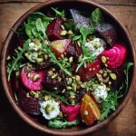 beetroot and goat cheese salad with pistachios