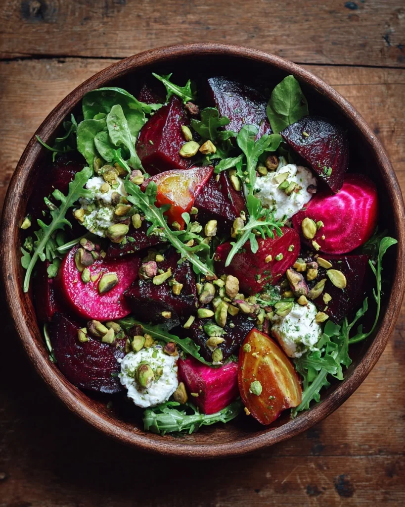 beetroot and goat cheese salad with pistachios