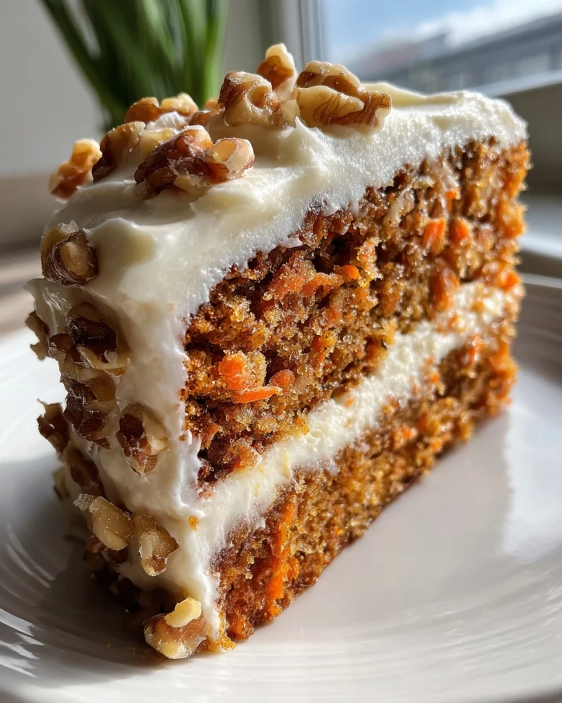 gluten-free carrot cake with cream cheese frosting and walnut topping