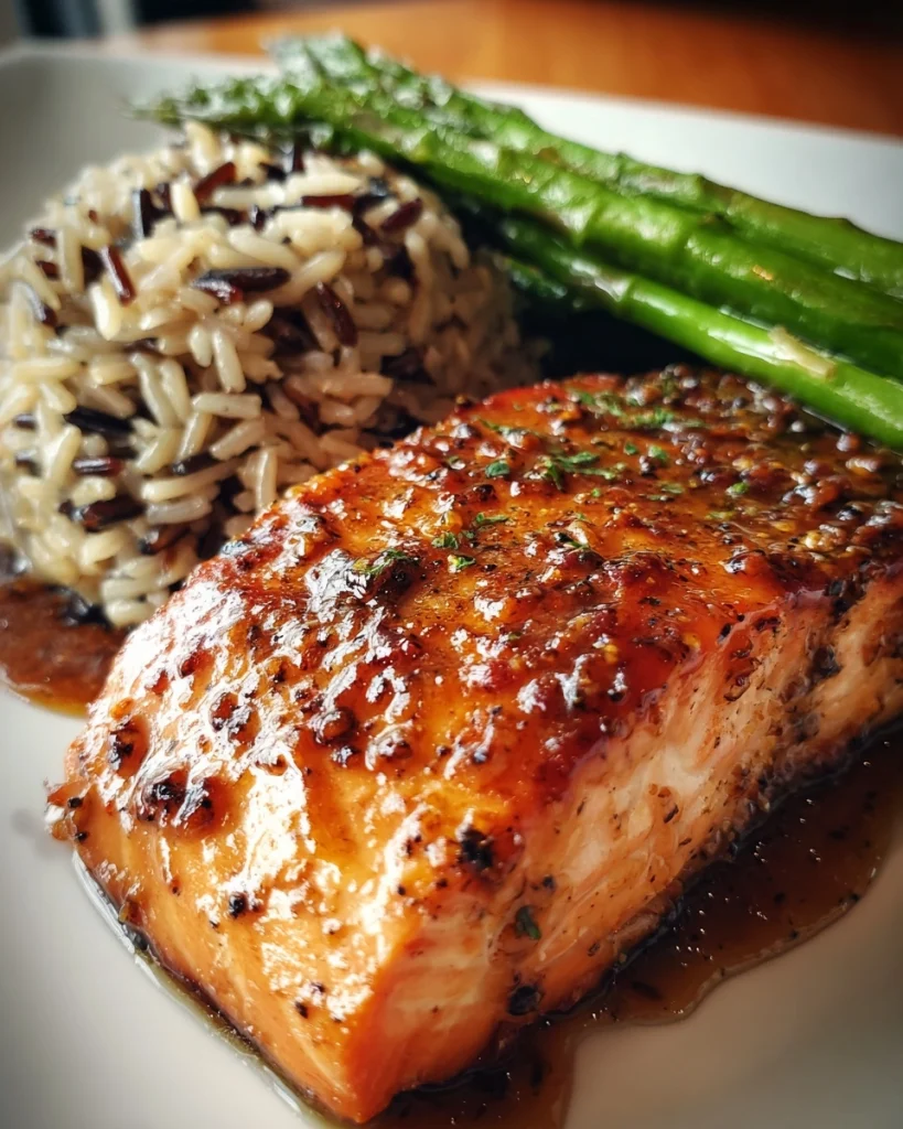 maple glazed salmon with wild rice pilaf & asparagus