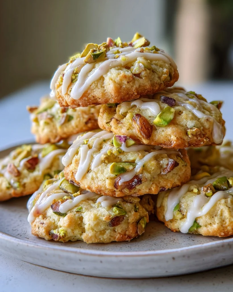 pistachio rose water cookies with white chocolate drizzle